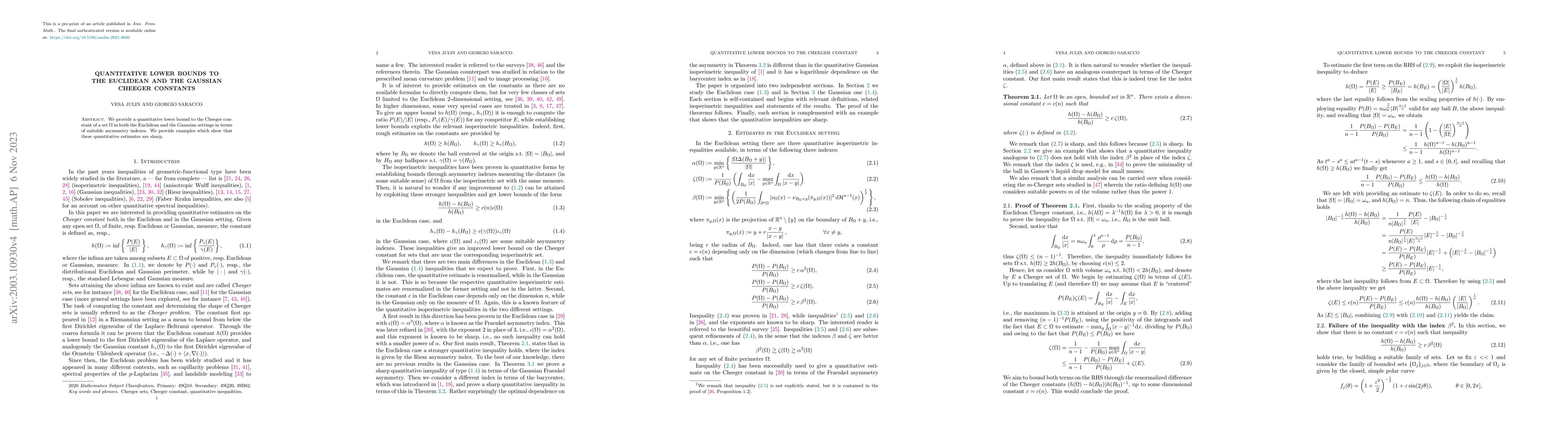 Thumbnail for Quantitative lower bounds to the Euclidean and the Gaussian Cheeger
  constants