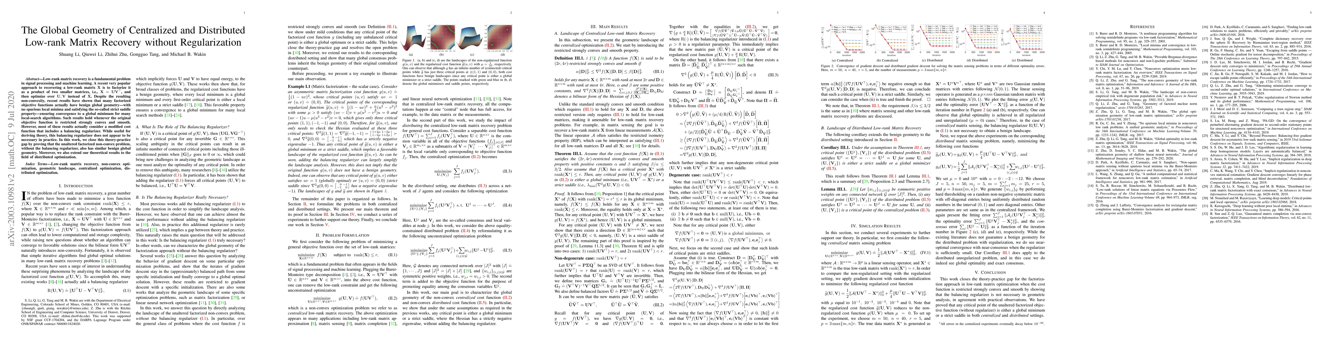 Thumbnail for The Global Geometry of Centralized and Distributed Low-rank Matrix
  Recovery without Regularization