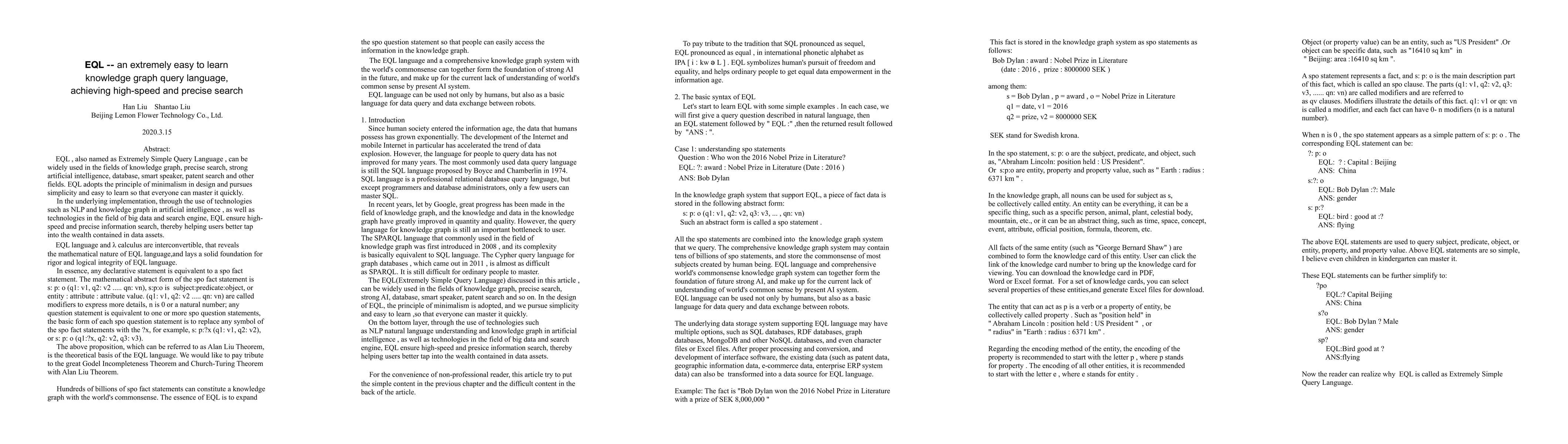 Thumbnail for EQL -- an extremely easy to learn knowledge graph query language,
  achieving highspeed and precise search