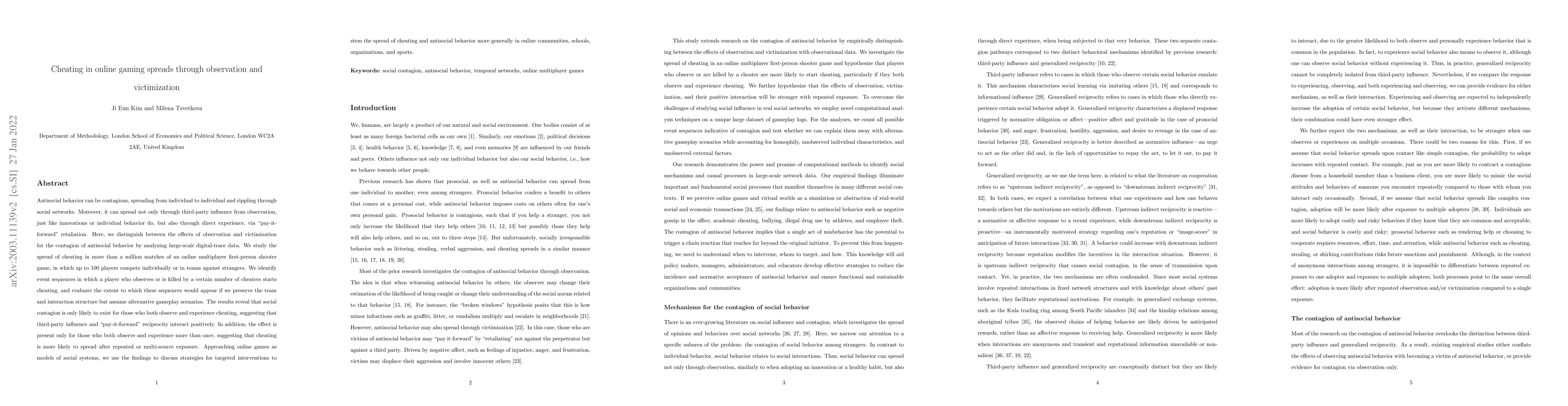 Thumbnail for Cheating in online gaming spreads through observation and victimization