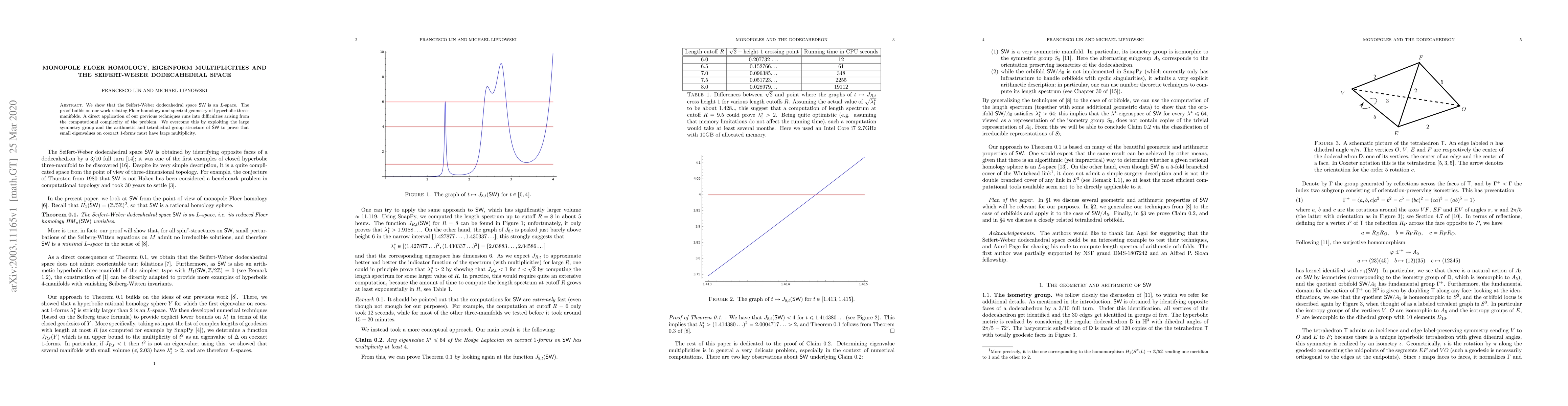 Thumbnail for Monopole Floer homology, eigenform multiplicities and the Seifert-Weber
  dodecahedral space