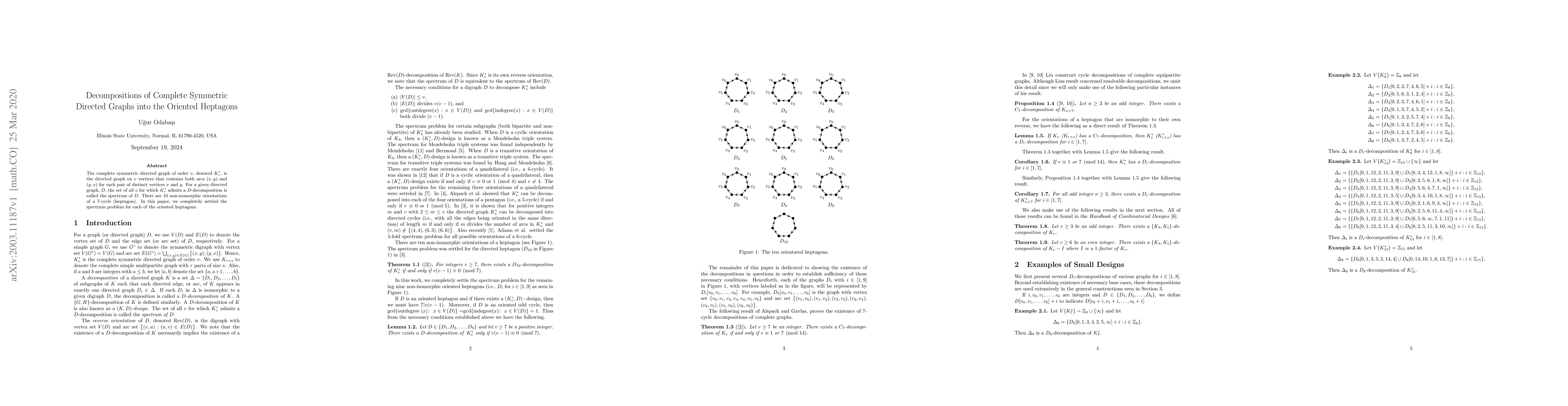 Thumbnail for Decompositions of Complete Symmetric Directed Graphs into the Oriented
  Heptagons