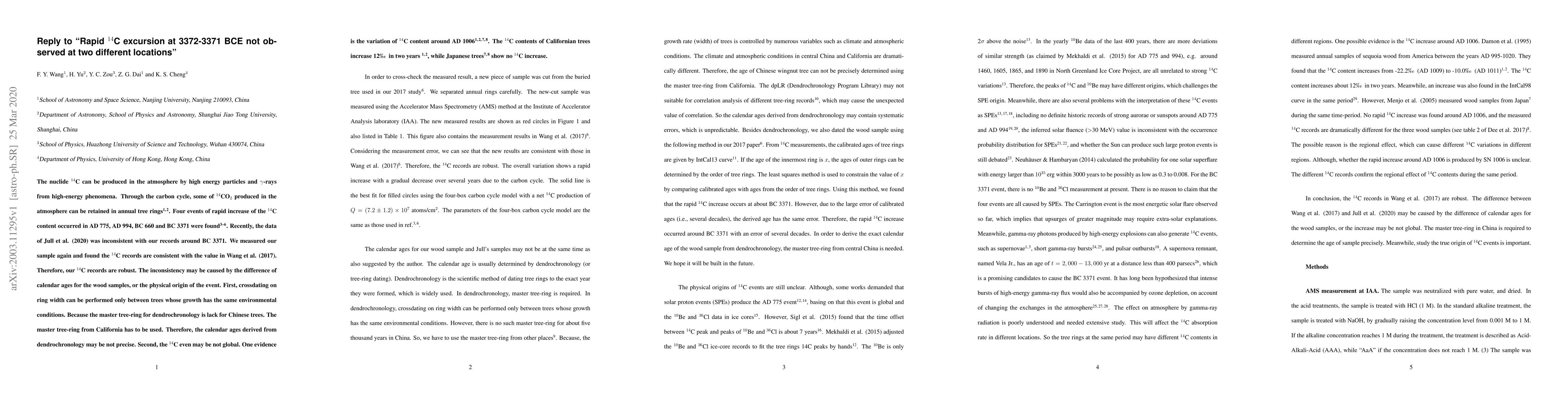 Thumbnail for Reply to "Rapid $^{14}$C excursion at 3372-3371 BCE not observed at two
  different locations"