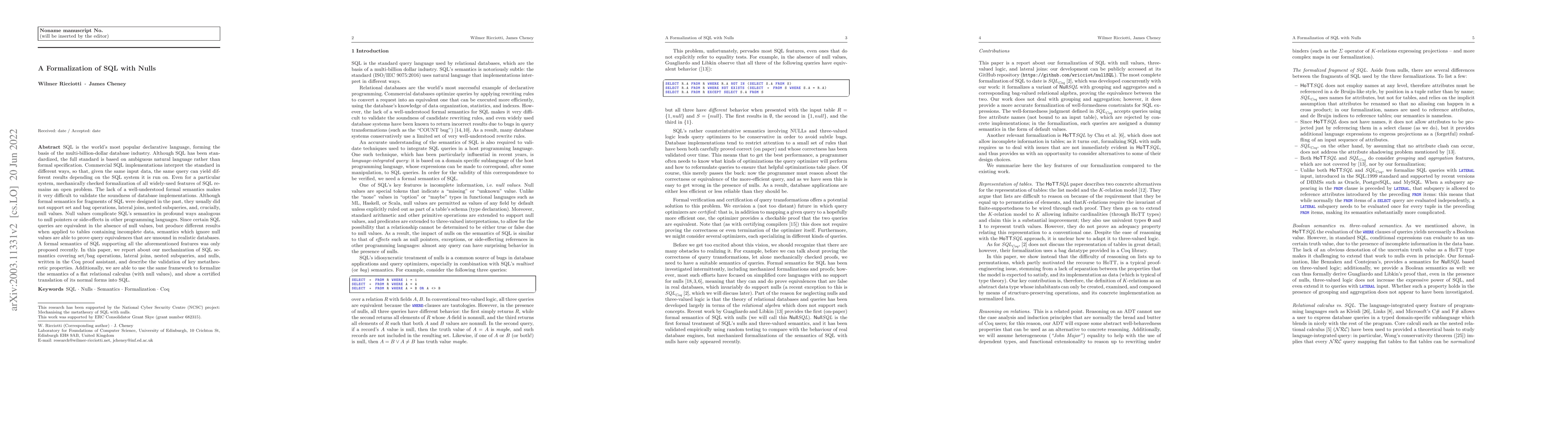Thumbnail for A Formalization of SQL with Nulls