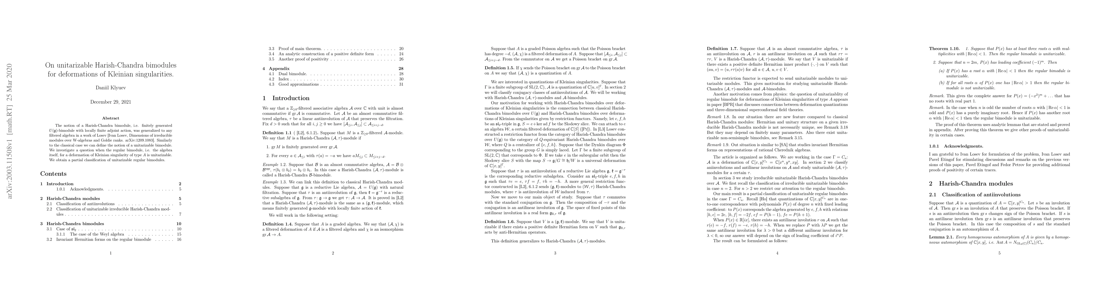 Thumbnail for On unitarizable Harish-Chandra bimodules for deformations of Kleinian
  singularities