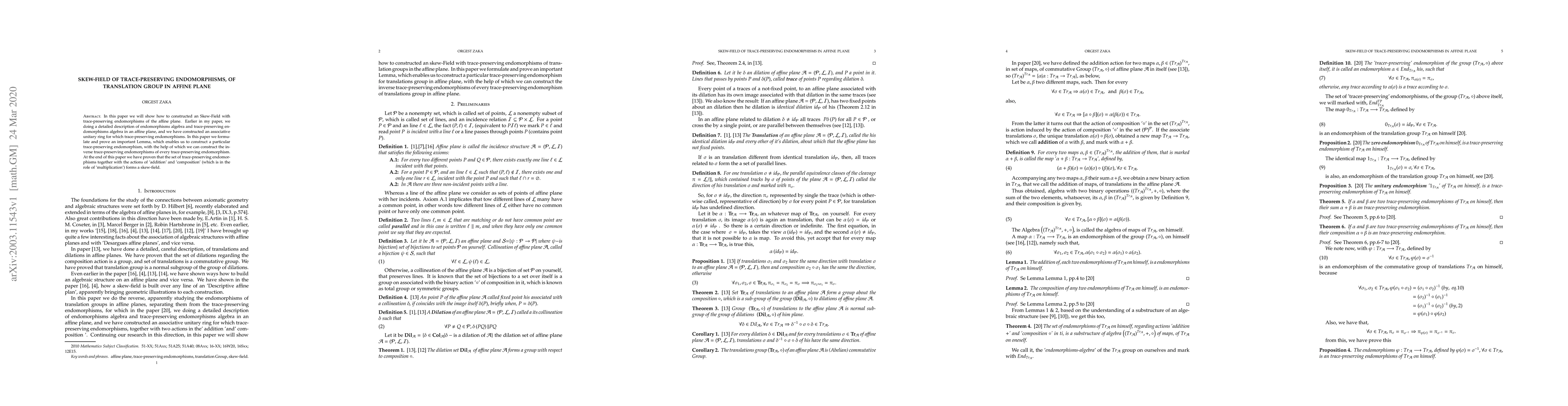 Thumbnail for Skew-Field of Trace-Preserving Endomorphisms, of Translation Group in
  Affine Plane