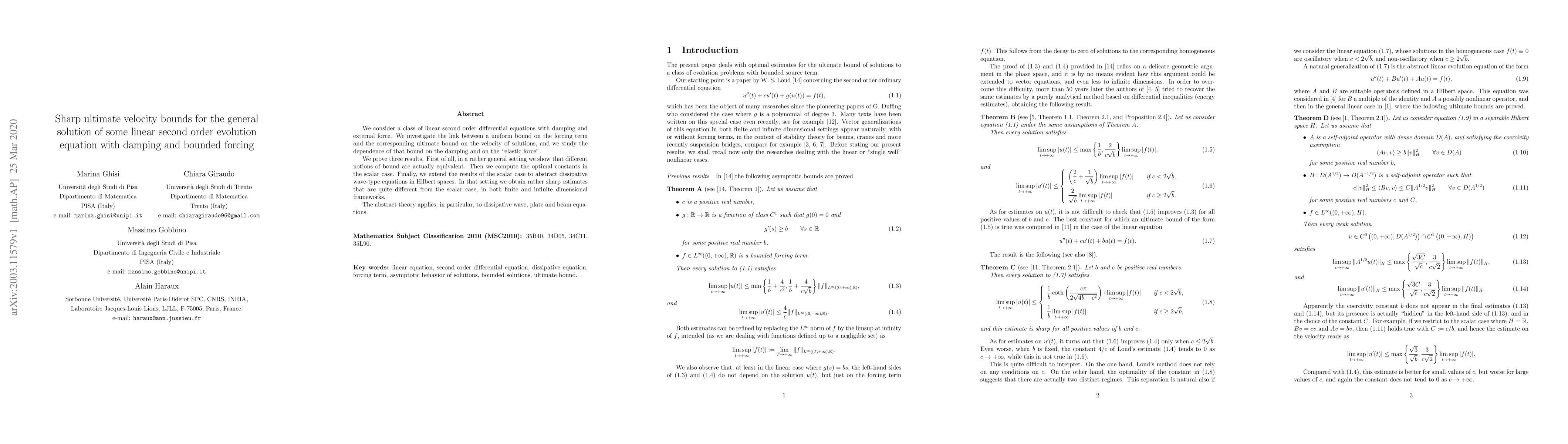 Thumbnail for Sharp ultimate velocity bounds for the general solution of some linear
  second order evolution equation with damping and bounded forcing