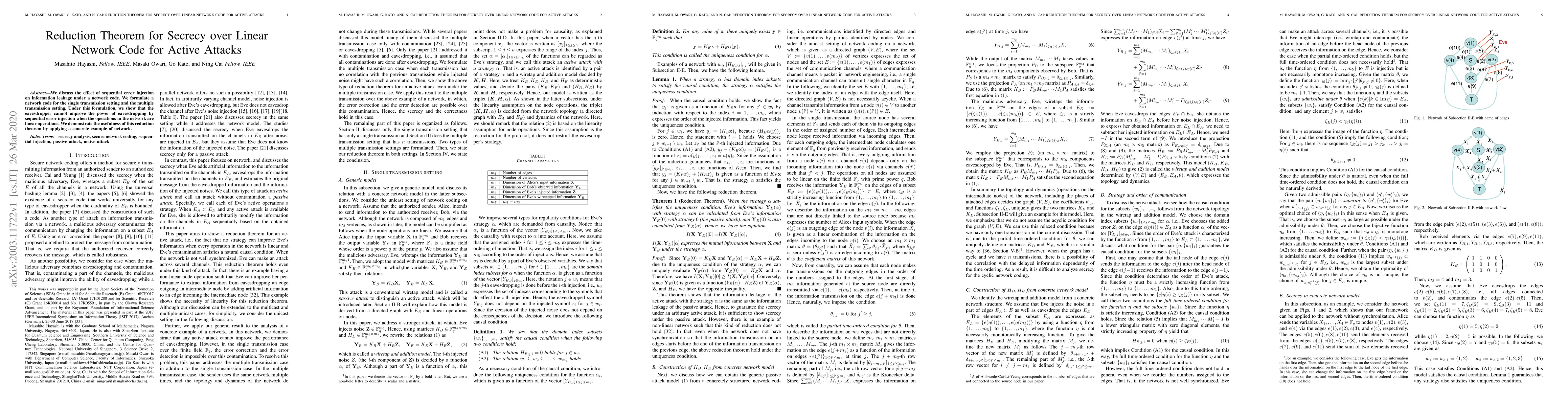 Thumbnail for Reduction Theorem for Secrecy over Linear Network Code for Active
  Attacks