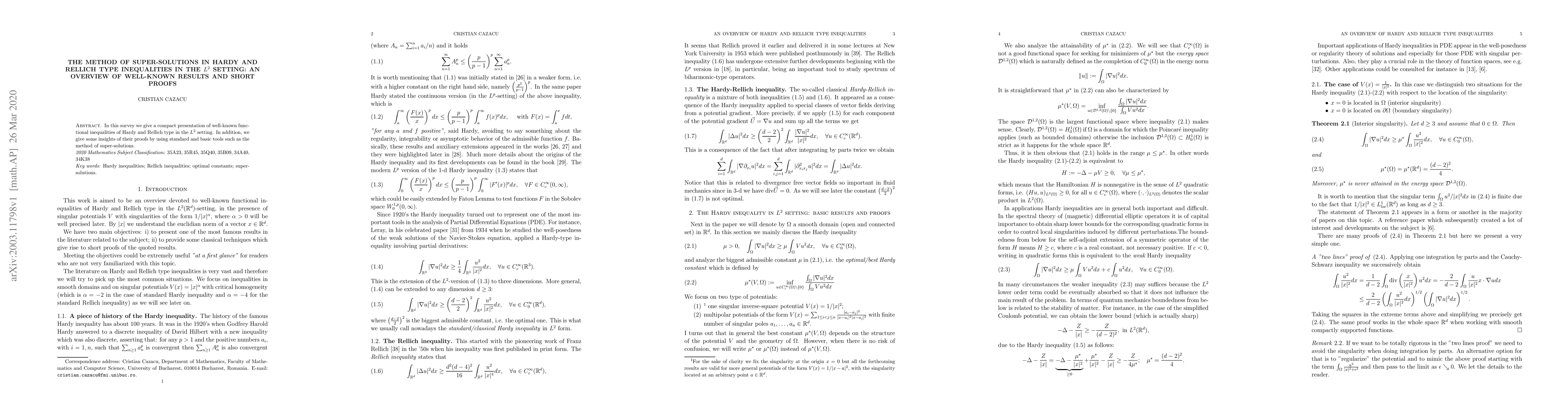 Thumbnail for The method of super-solutions in Hardy and Rellich type inequalities in
  the $L^2$ setting: an overview of well-known results and short proofs