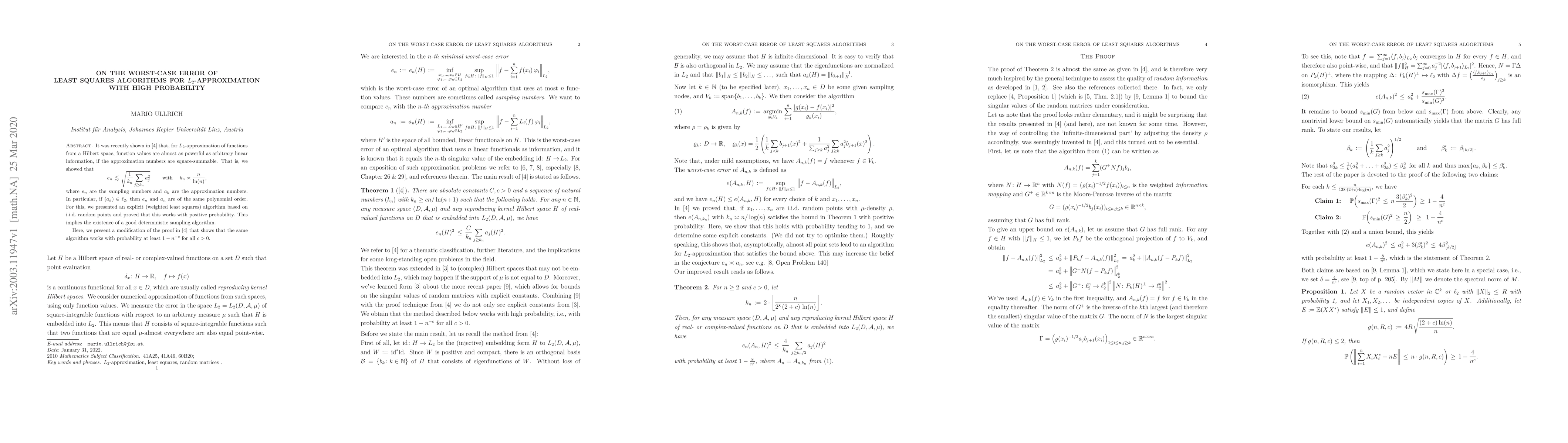 Thumbnail for On the worst-case error of least squares algorithms for
  $L_2$-approximation with high probability