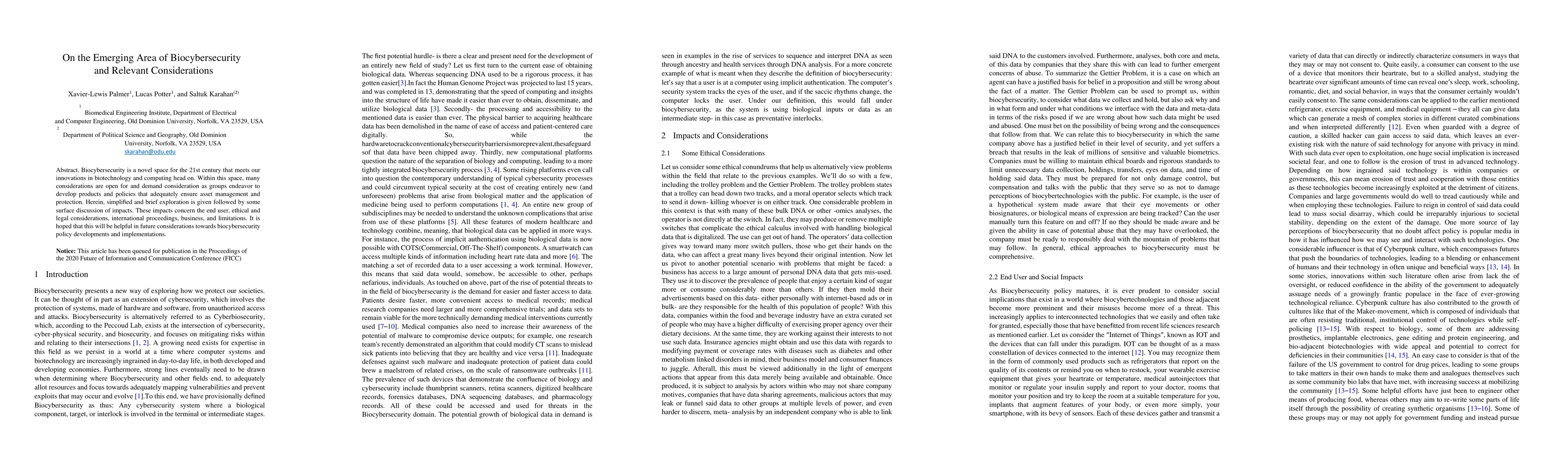 Thumbnail for On the Emerging Area of Biocybersecurity and Relevant Considerations