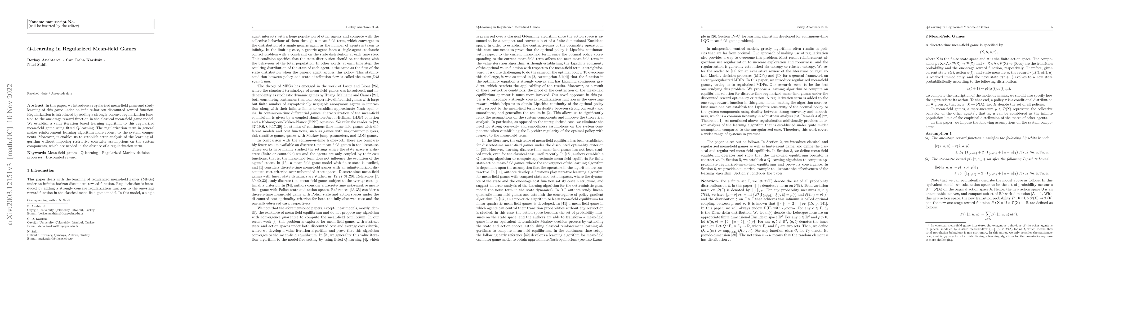 Thumbnail for Q-Learning in Regularized Mean-field Games