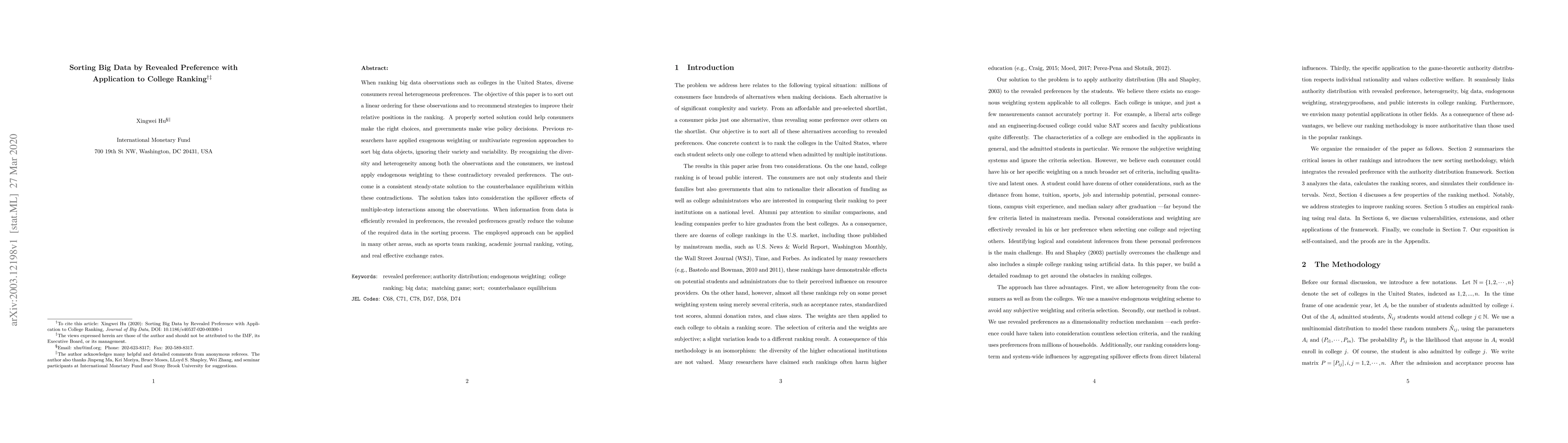 Thumbnail for Sorting Big Data by Revealed Preference with Application to College
  Ranking