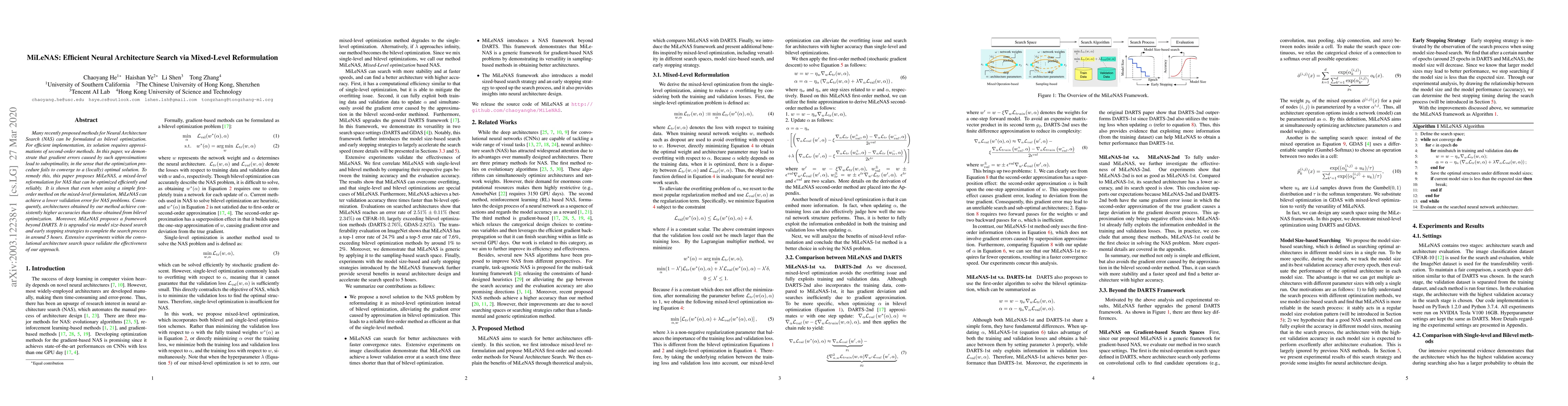Thumbnail for MiLeNAS: Efficient Neural Architecture Search via Mixed-Level
  Reformulation