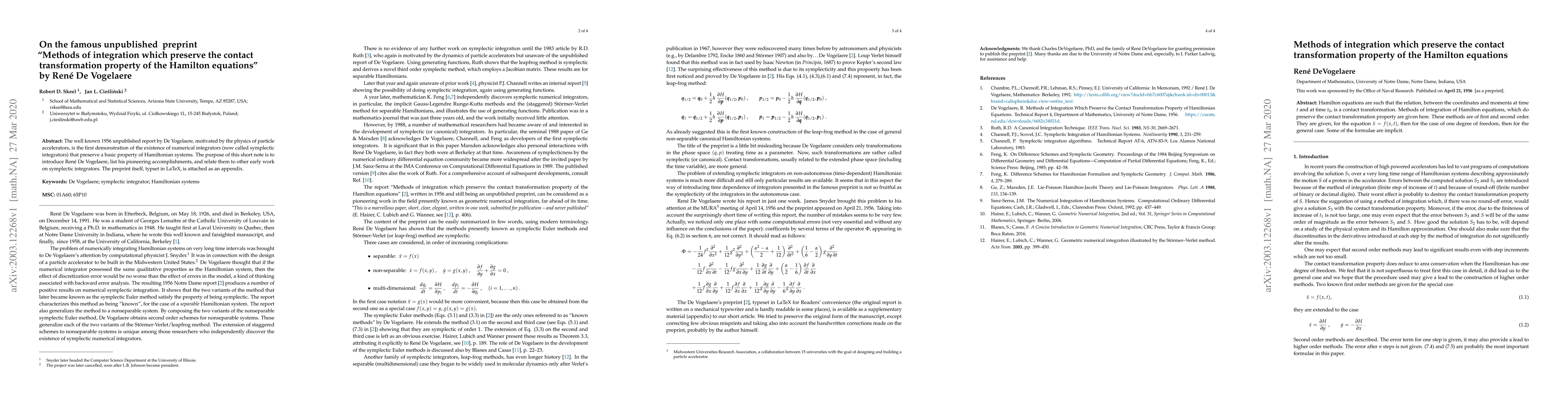 Thumbnail for On the famous unpublished preprint "Methods of integration which
  preserve the contact transformation property of the Hamilton equations" by
  Ren\'e De Vogelaere