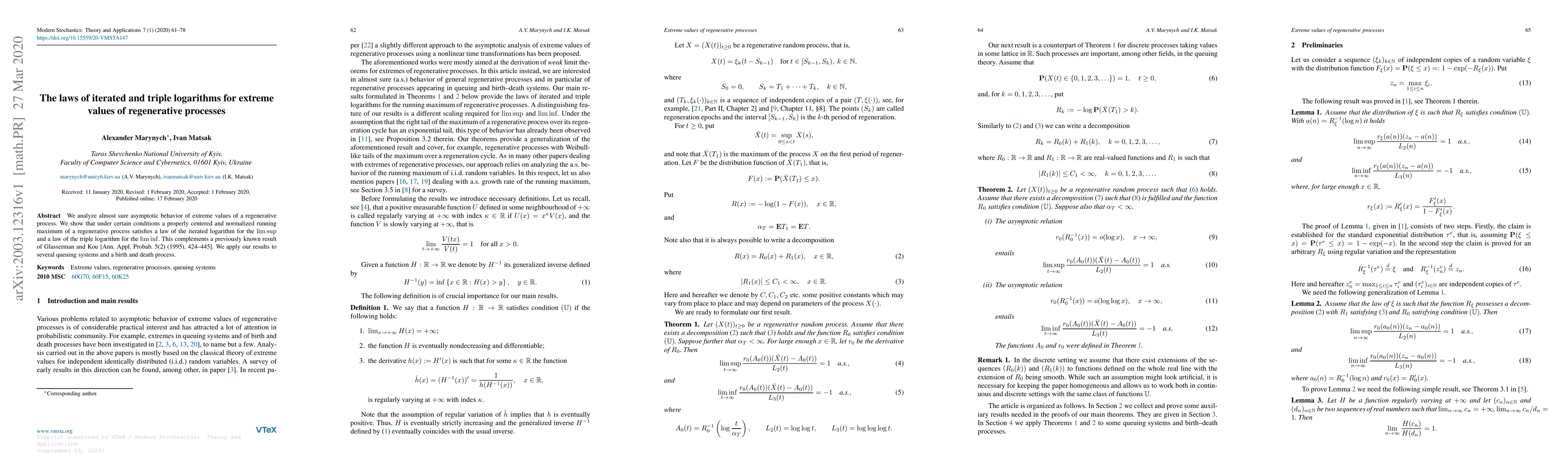 Thumbnail for The laws of iterated and triple logarithms for extreme values of
  regenerative processes