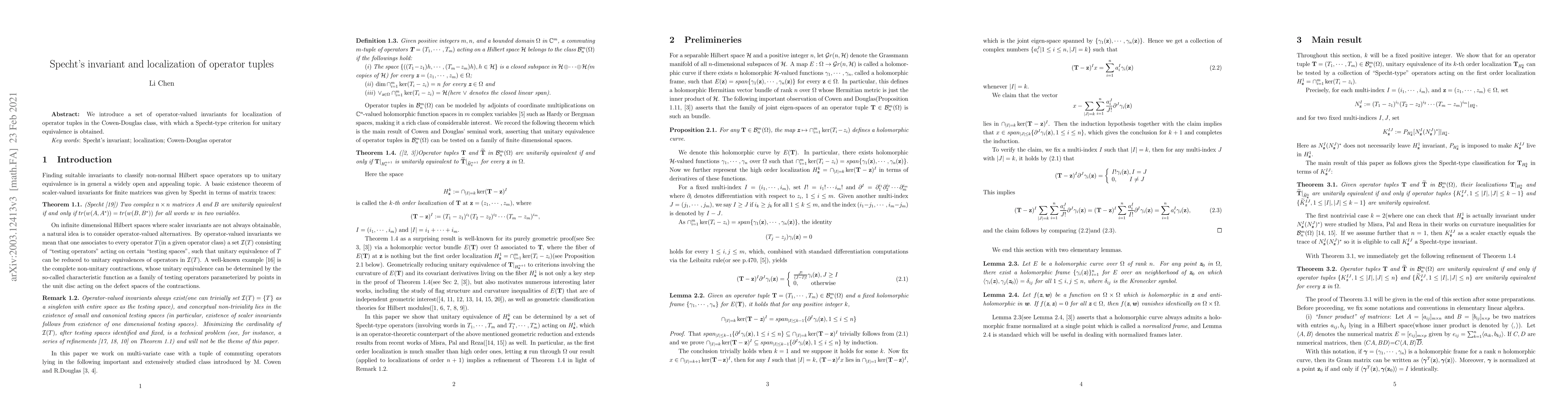 Thumbnail for Specht's invariant and localization of operator tuples