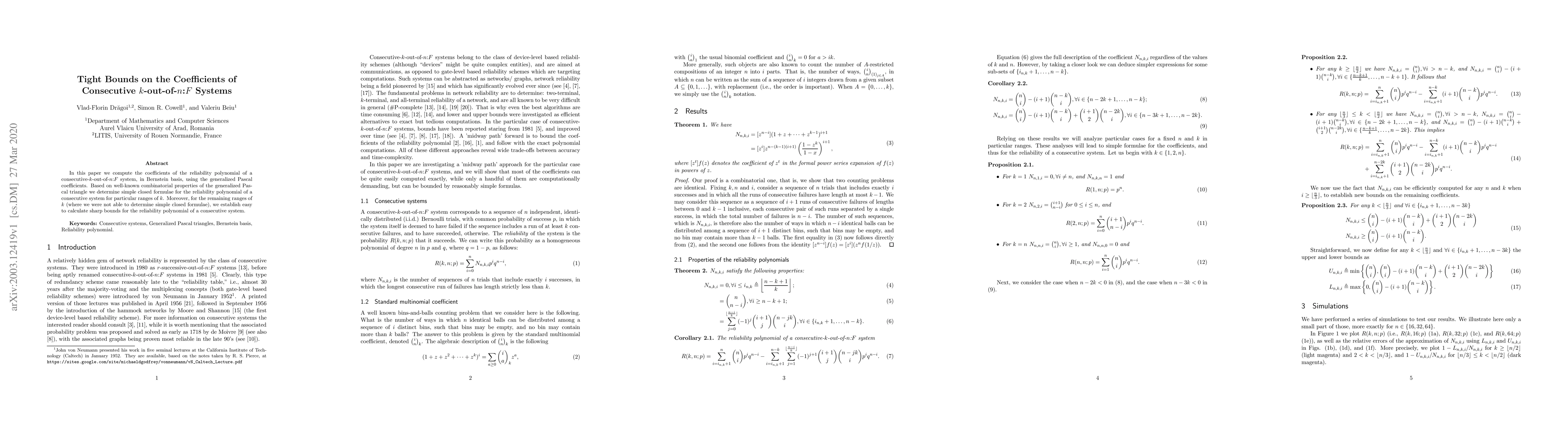 Thumbnail for Tight Bounds on the Coeffcients of Consecutive $k$-out-of-$n$:$F$
  Systems