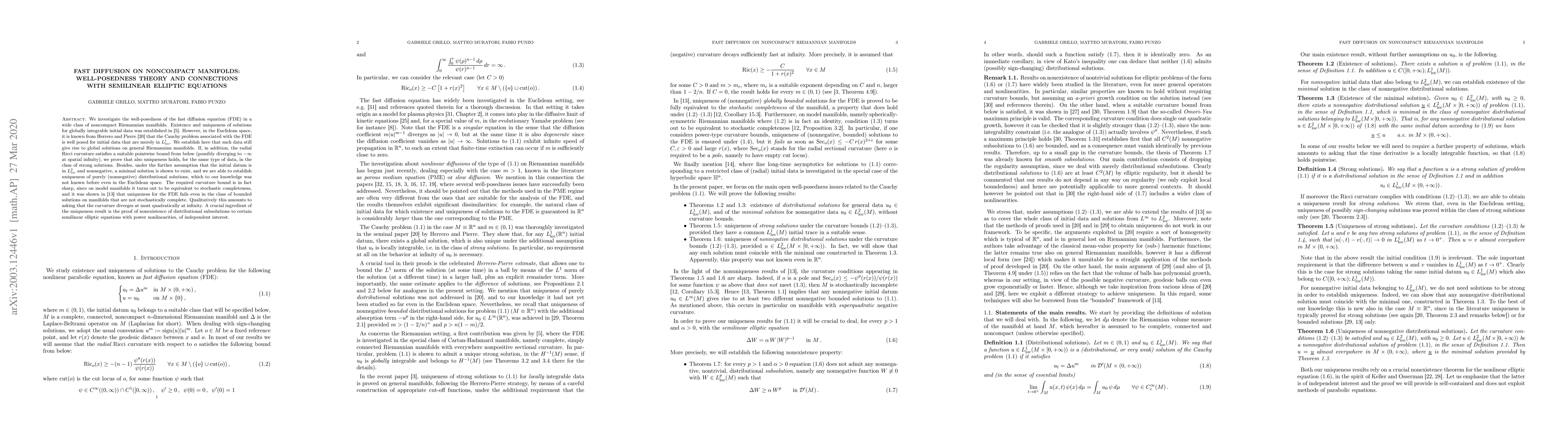 Thumbnail for Fast diffusion on noncompact manifolds: well-posedness theory and
  connections with semilinear elliptic equations