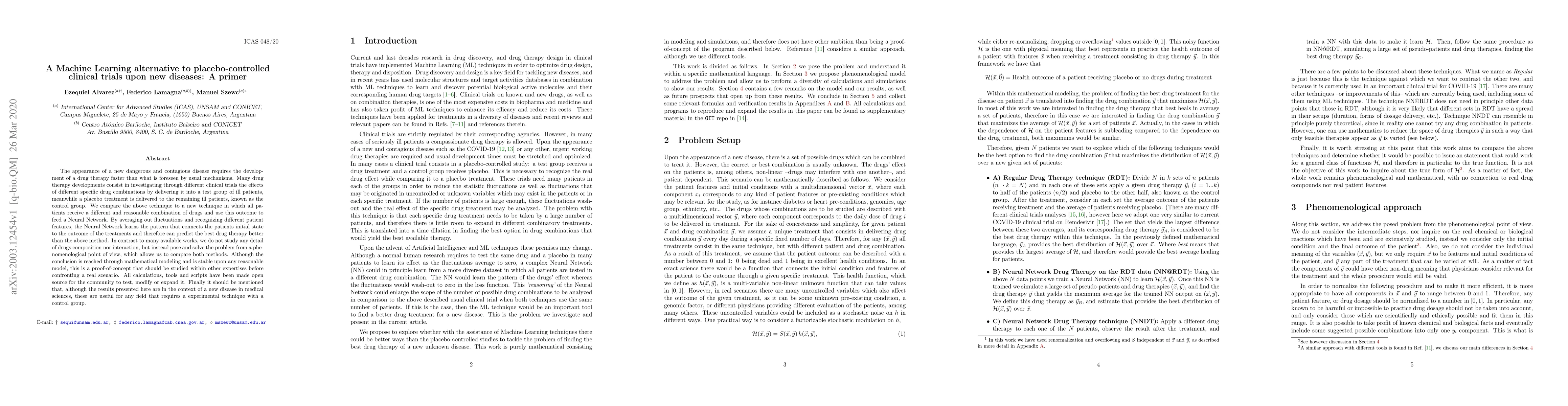 Thumbnail for A Machine Learning alternative to placebo-controlled clinical trials
  upon new diseases: A primer