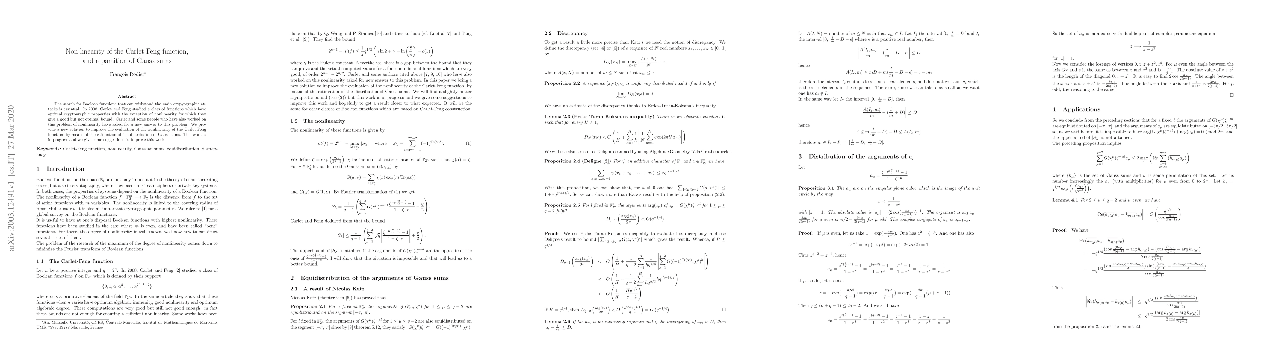 Thumbnail for Non-linearity of the Carlet-Feng function, and repartition of Gauss sums