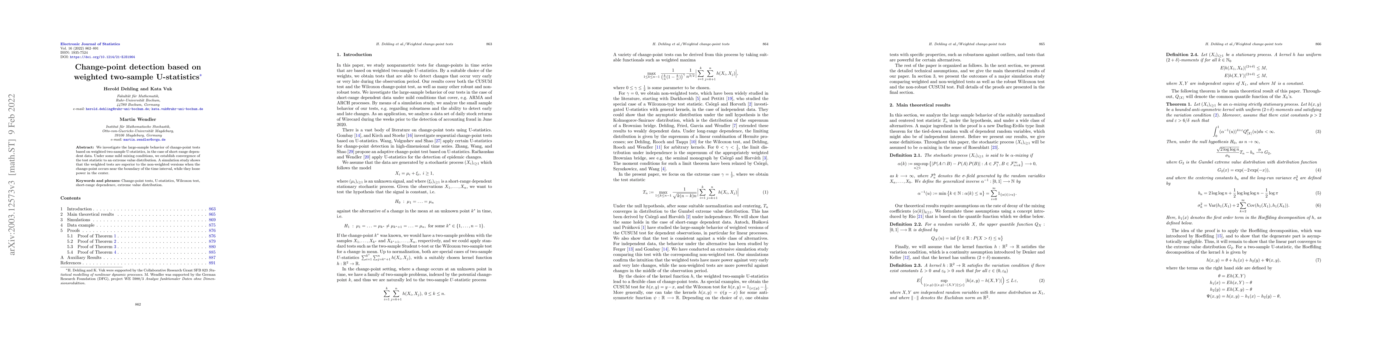 Thumbnail for Change-point detection based on weighted two-sample U-statistics