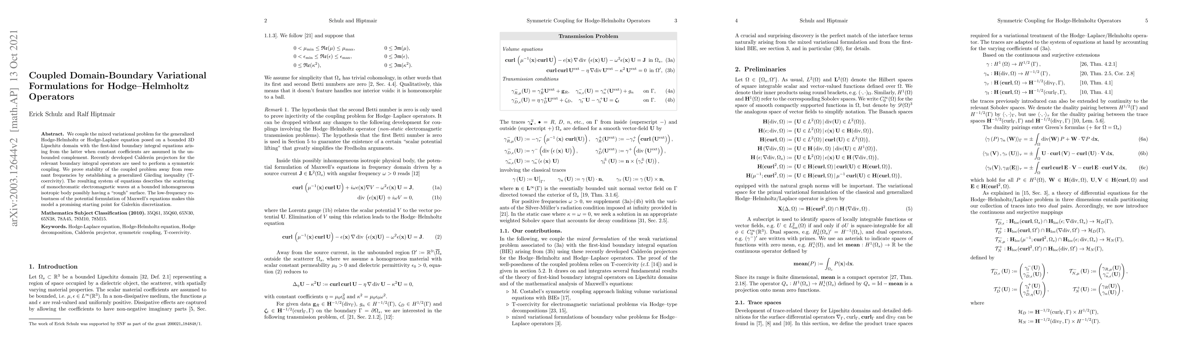 Thumbnail for Coupled Domain-Boundary Variational Formulations For Hodge-Helmholtz
  Operators