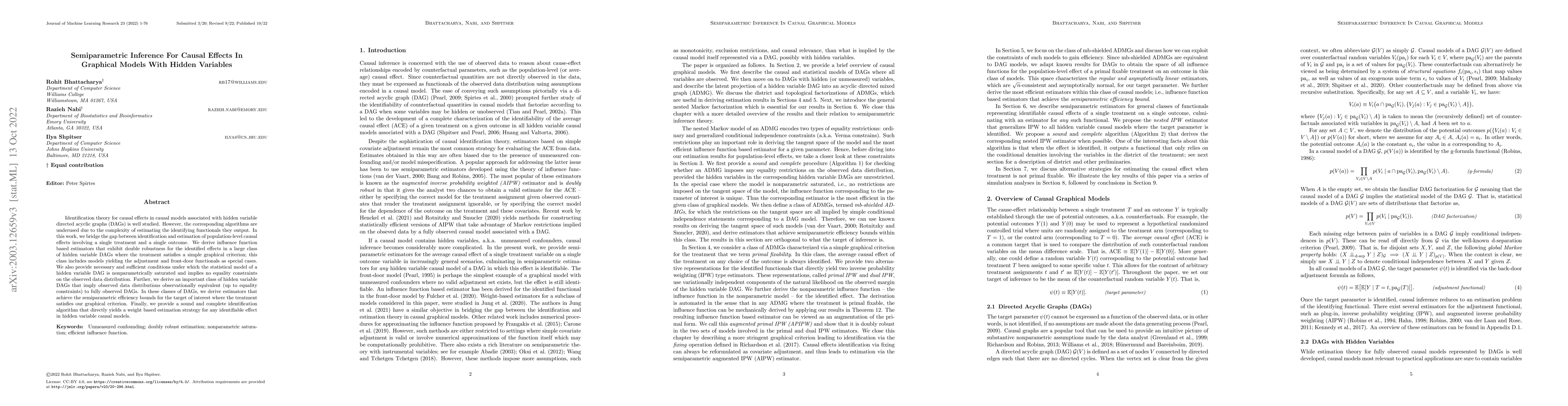Thumbnail for Semiparametric Inference For Causal Effects In Graphical Models With
  Hidden Variables