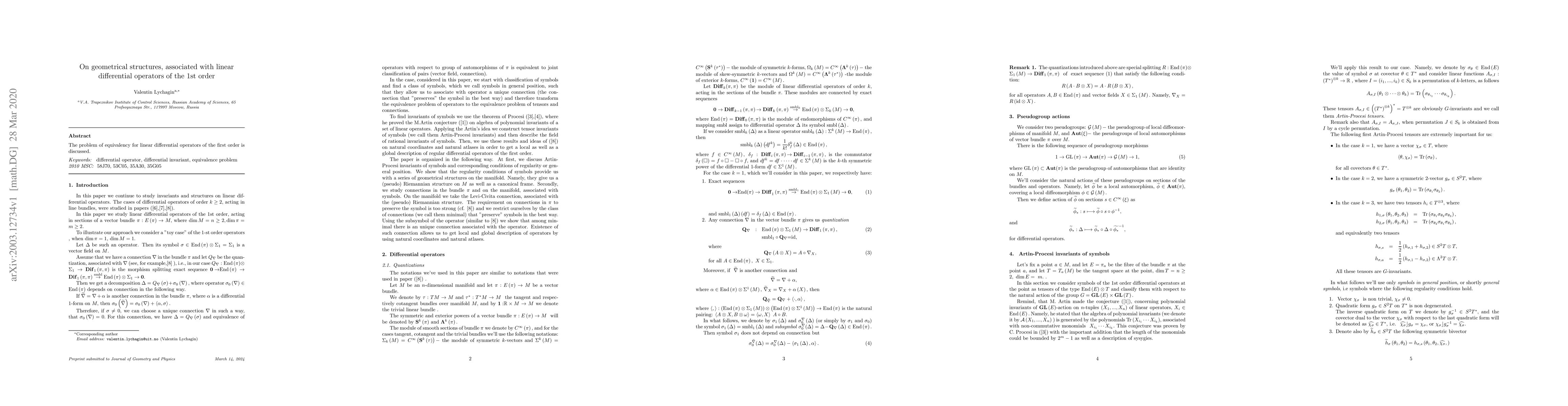 Thumbnail for On geometrical structures, associated with linear differential operators
  of the 1st order