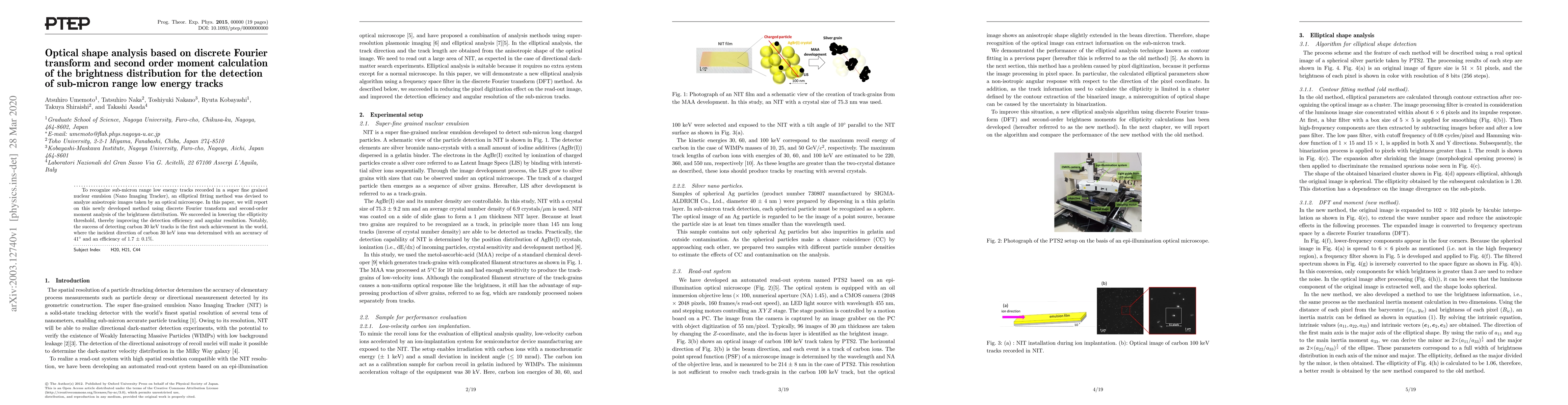 Thumbnail for Optical shape analysis based on discrete Fourier transform and second
  order moment calculation of the brightness distribution for the detection of
  sub-micron range low energy tracks