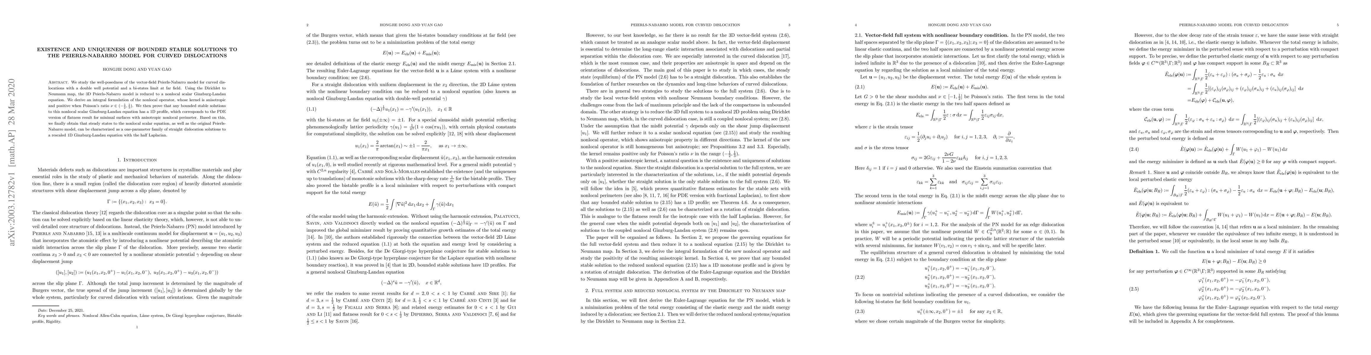 Thumbnail for Existence and uniqueness of bounded stable solutions to the
  Peierls-Nabarro model for curved dislocations