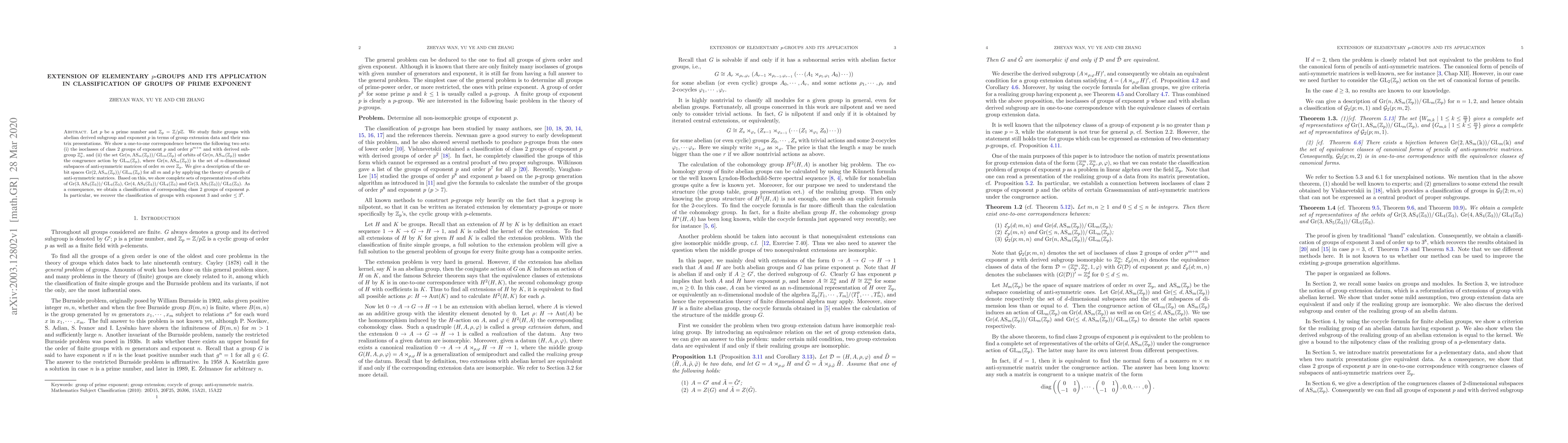 Thumbnail for Extension of elementary $p$-groups and its application in classification
  of groups of prime exponent