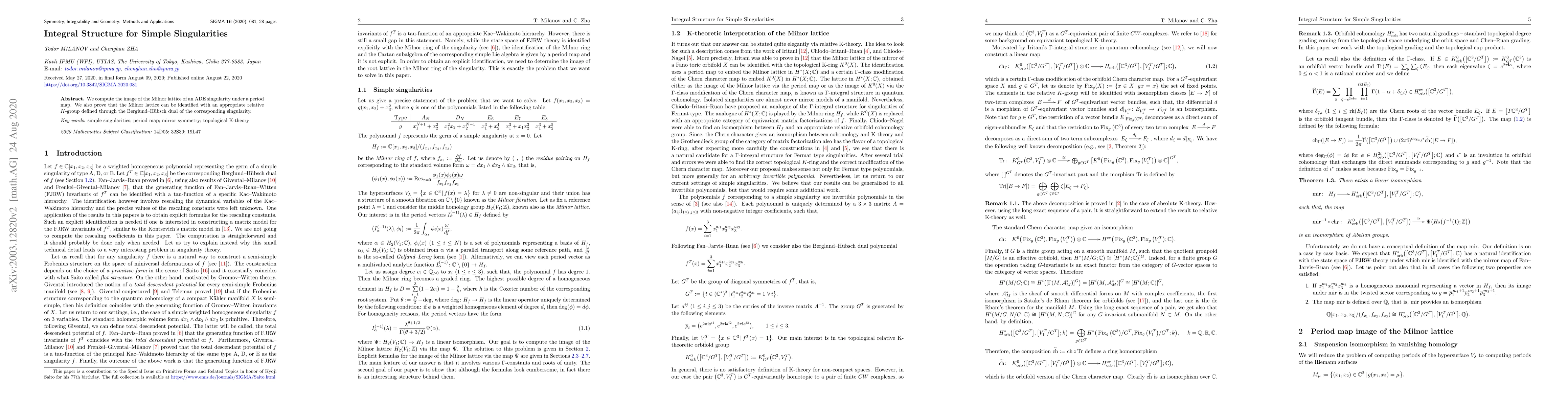 Thumbnail for Integral Structure for Simple Singularities