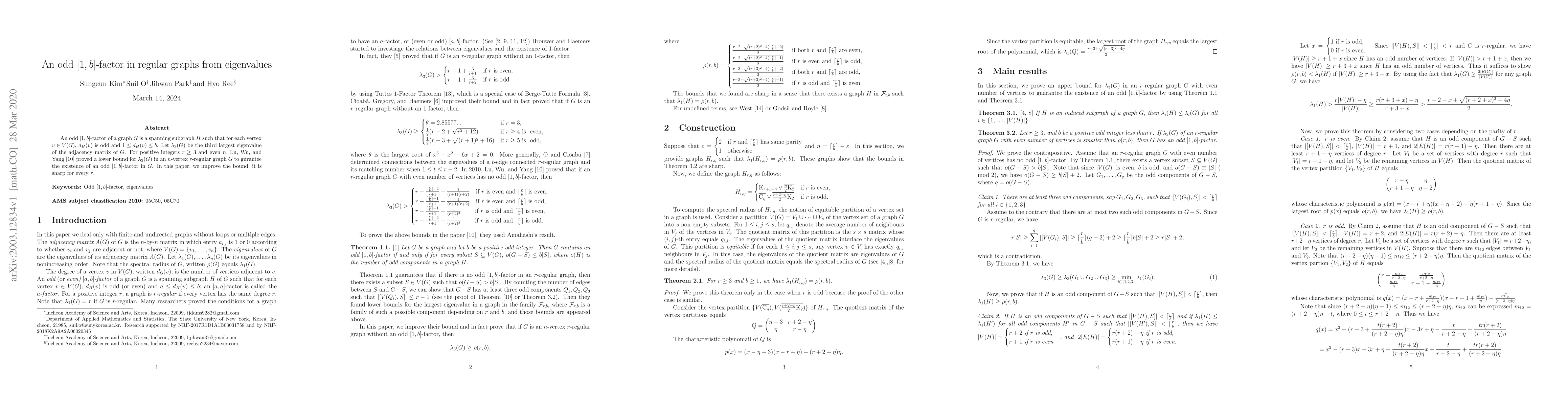 Thumbnail for An odd $[1,b]$-factor in regular graphs from eigenvalues