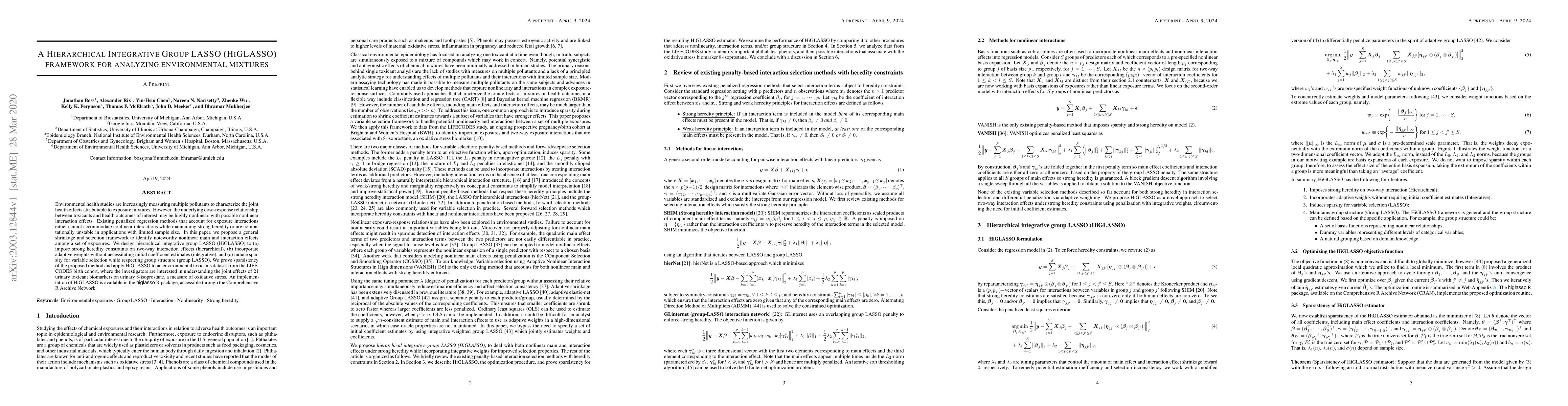Thumbnail for A Hierarchical Integrative Group LASSO (HiGLASSO) Framework for
  Analyzing Environmental Mixtures