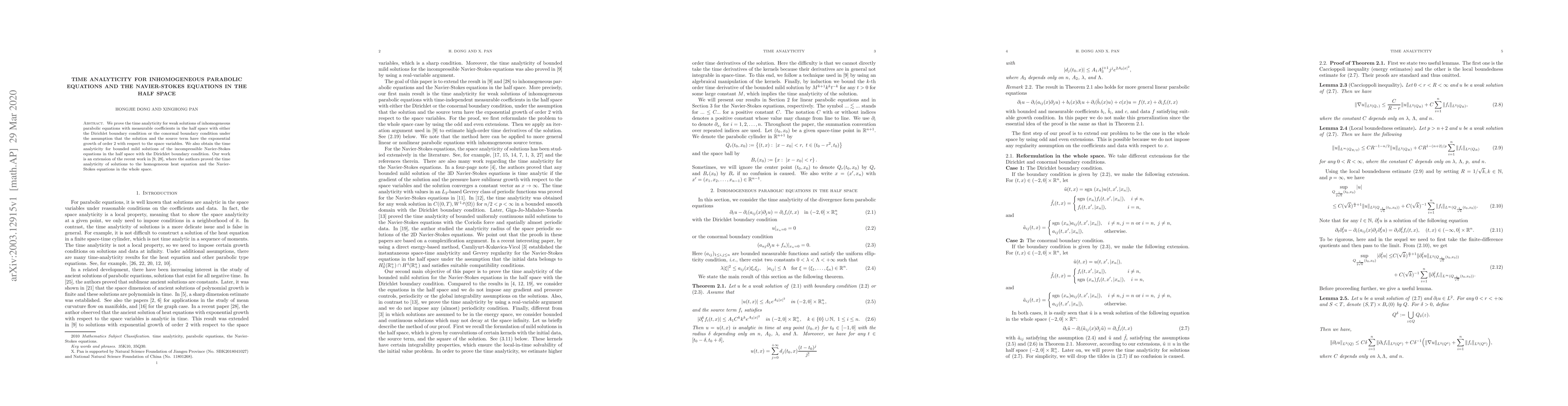 Thumbnail for Time analyticity for inhomogeneous parabolic equations and the
  Navier-Stokes equations in the half space