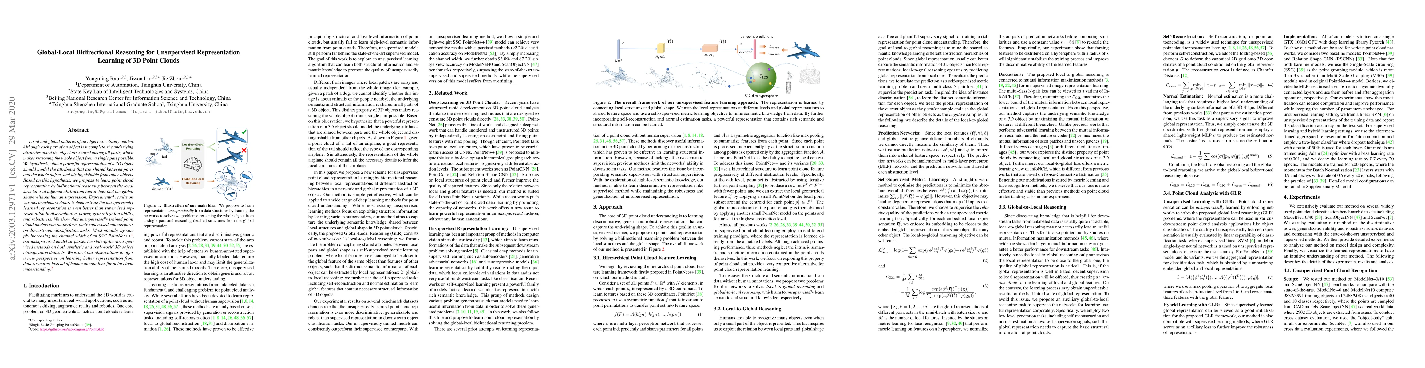 Thumbnail for Global-Local Bidirectional Reasoning for Unsupervised Representation
  Learning of 3D Point Clouds