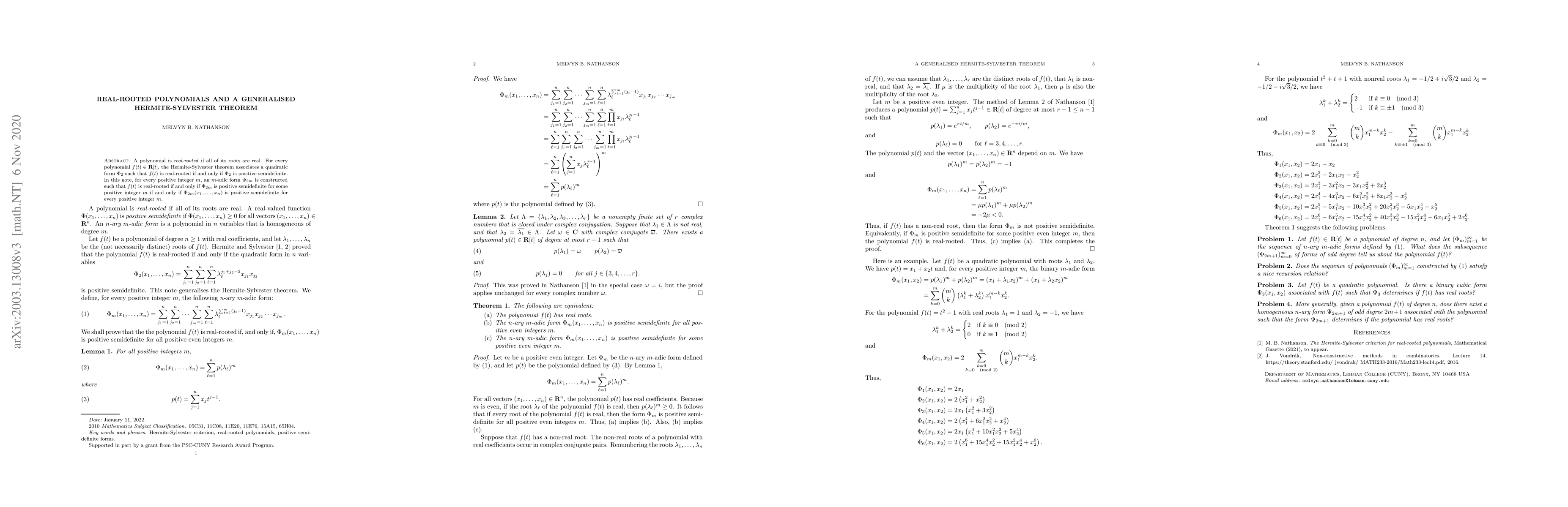 Thumbnail for Real-rooted polynomials and a generalised Hermite-Sylvester theorem