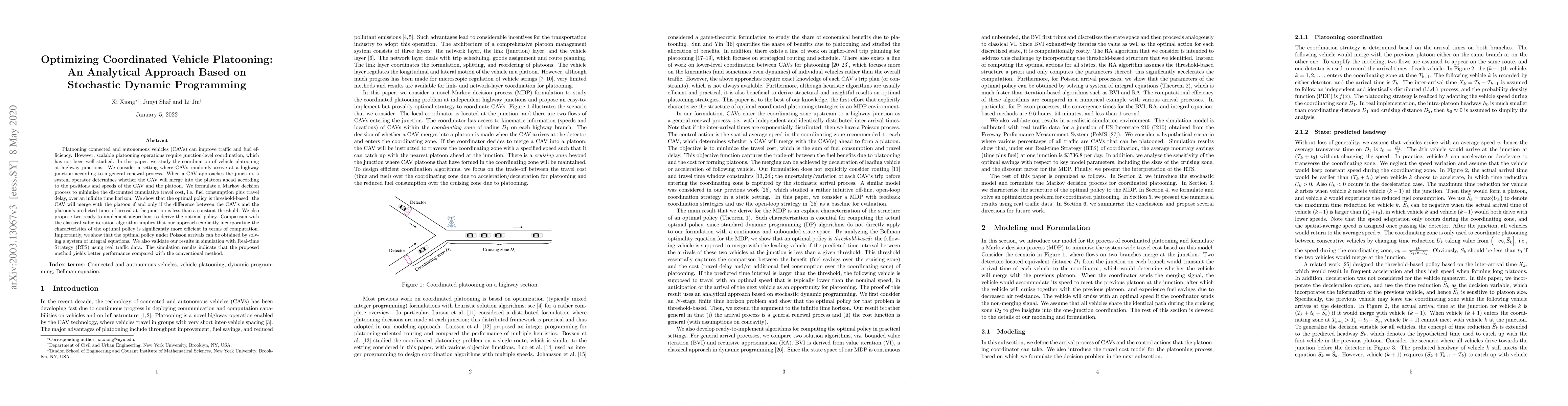 Thumbnail for Optimizing Coordinated Vehicle Platooning: An Analytical Approach Based
  on Stochastic Dynamic Programming