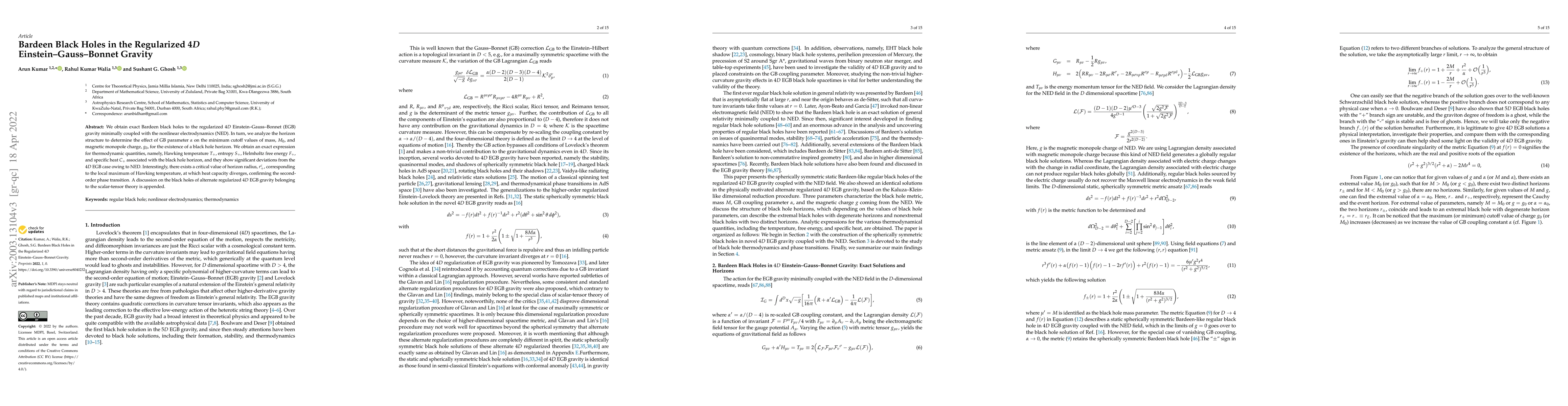 Thumbnail for Bardeen Black Holes in the Regularized $4D$ Einstein--Gauss--Bonnet
  Gravity
