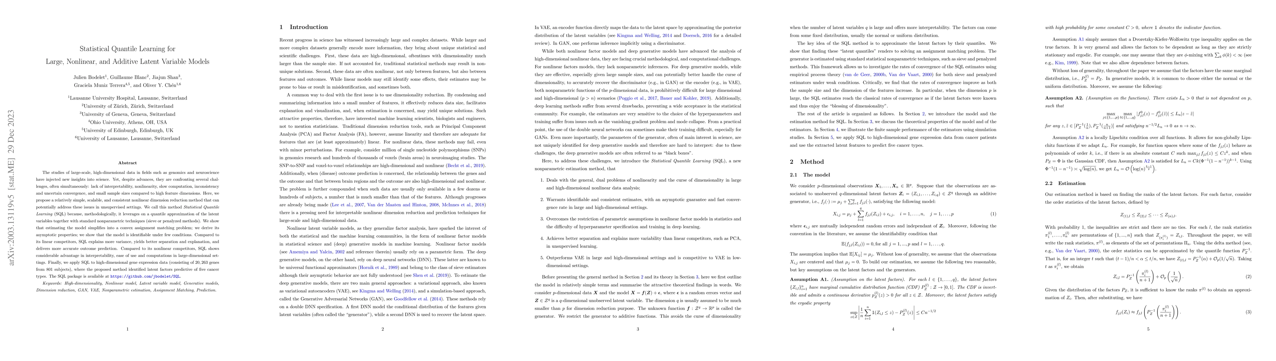 Thumbnail for Statistical Quantile Learning for Large, Nonlinear, and Additive Latent
  Variable Models