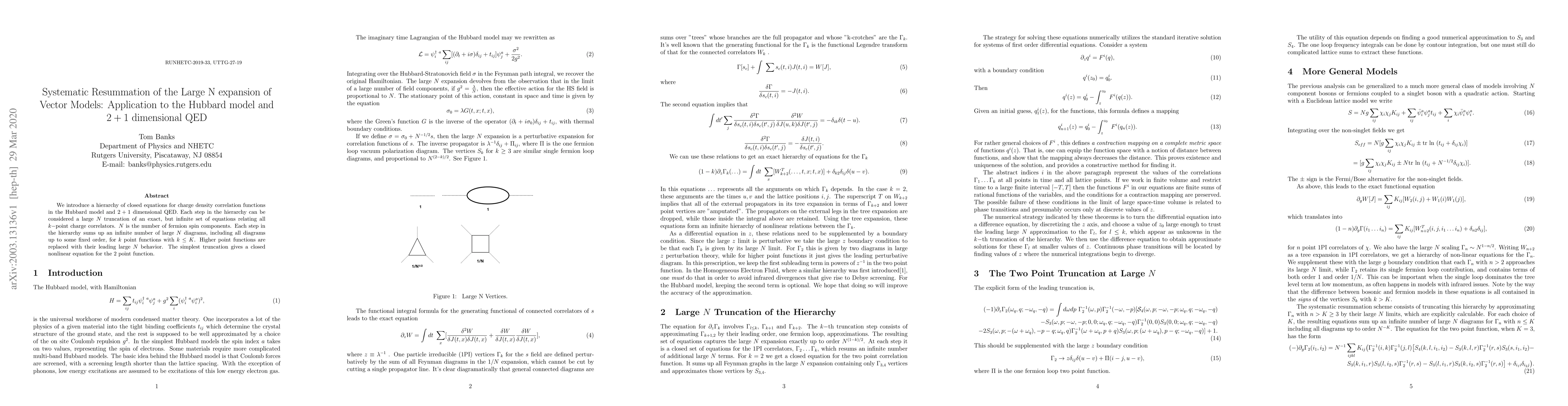 Thumbnail for Systematic Resummation of the Large N expansion of Vector Models:
  Application to the Hubbard model and $2 + 1 $ dimensional QED