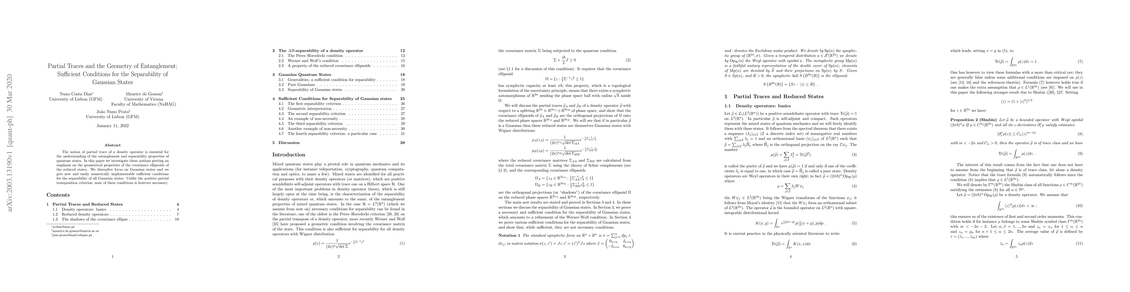 Thumbnail for Partial Traces and the Geometry of Entanglement; Sufficient Conditions
  for the Separability of Gaussian States