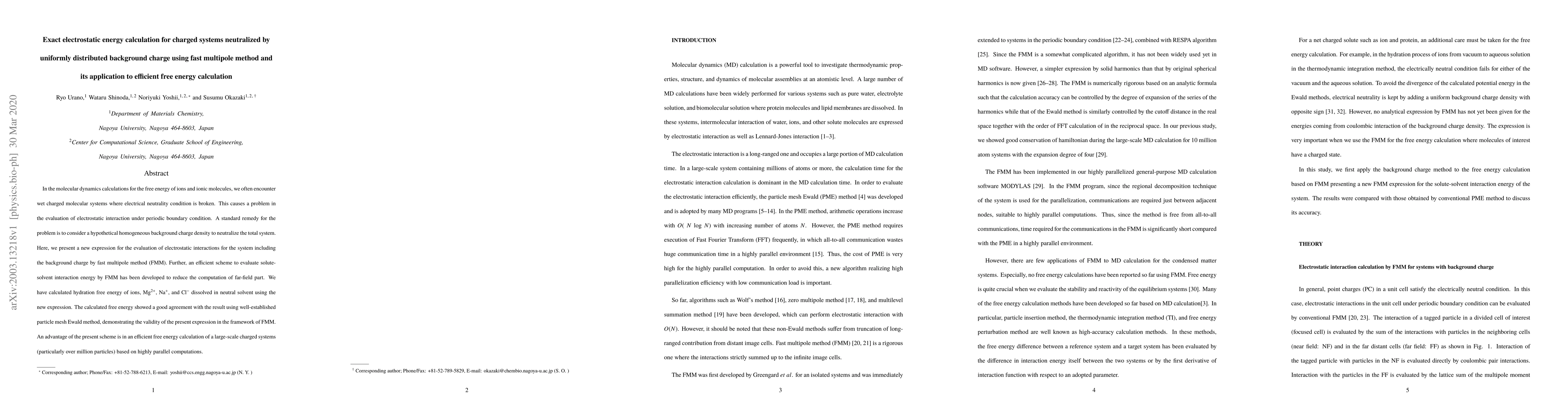 Thumbnail for Exact electrostatic energy calculation for charged systems neutralized
  by uniformly distributed background charge using fast multipole method and
  its application to efficient free energy calculation