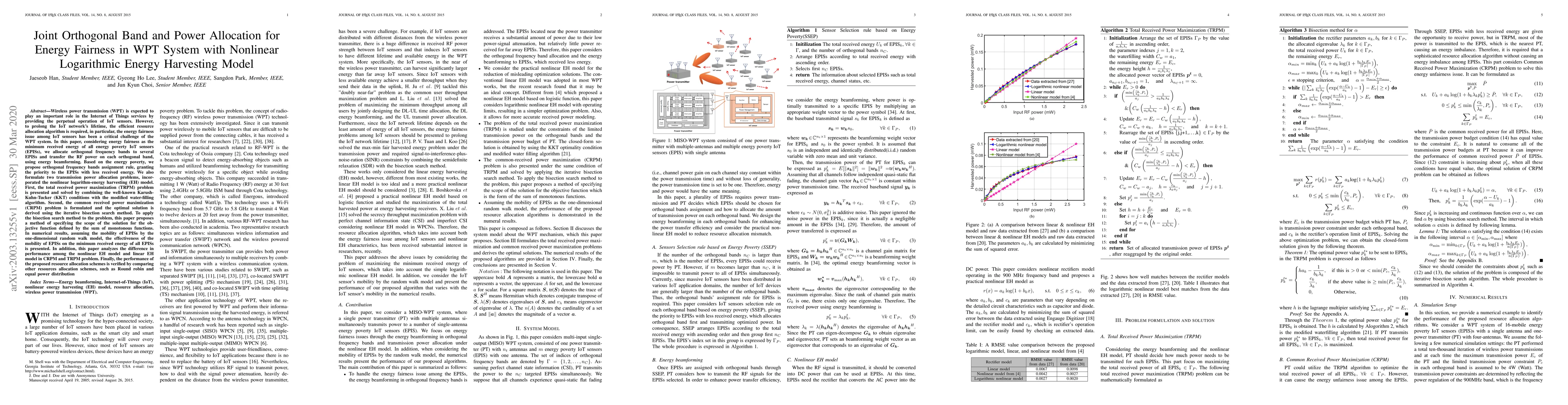 Thumbnail for Joint Orthogonal Band and Power Allocation for Energy Fairness in WPT
  System with Nonlinear Logarithmic Energy Harvesting Model