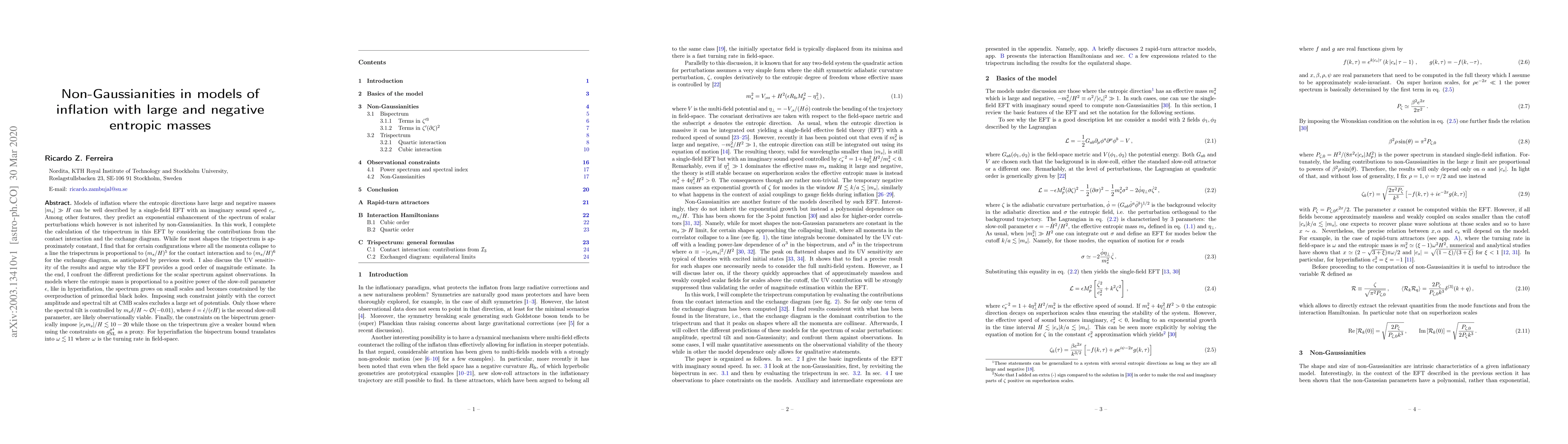 Thumbnail for Non-Gaussianities in models of inflation with large and negative
  entropic masses