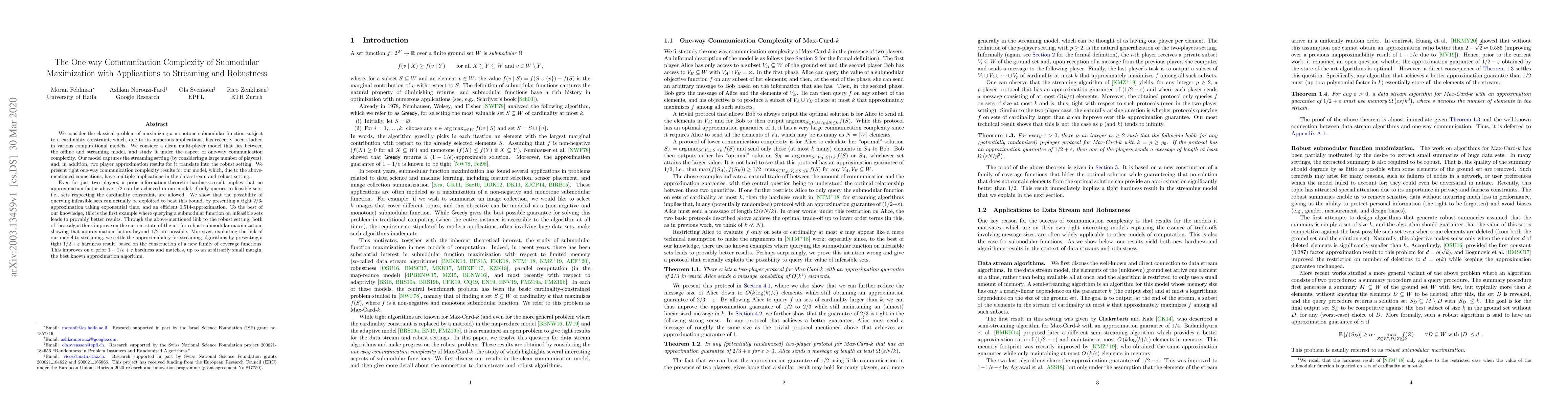 Thumbnail for The One-way Communication Complexity of Submodular Maximization with
  Applications to Streaming and Robustness