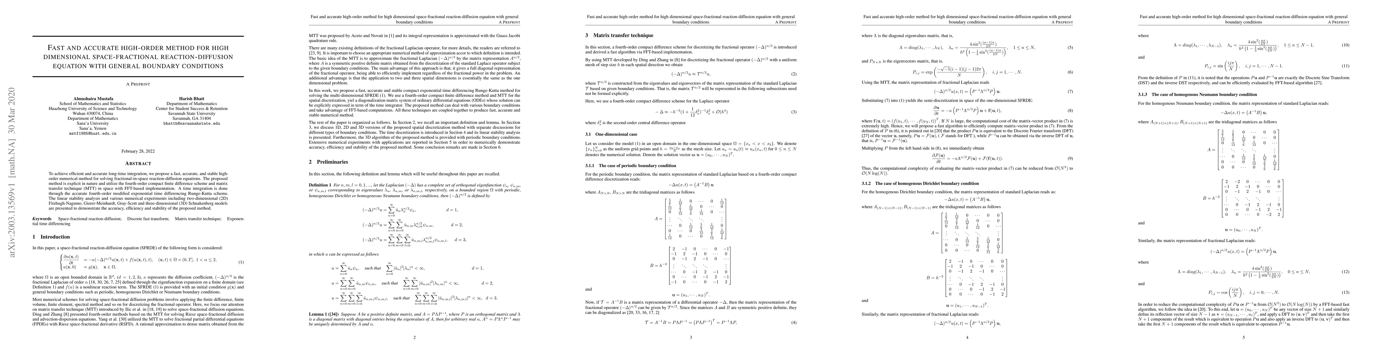 Thumbnail for Fast and accurate high-order method for high dimensional
  space-fractional reaction-diffusion equation with general boundary conditions