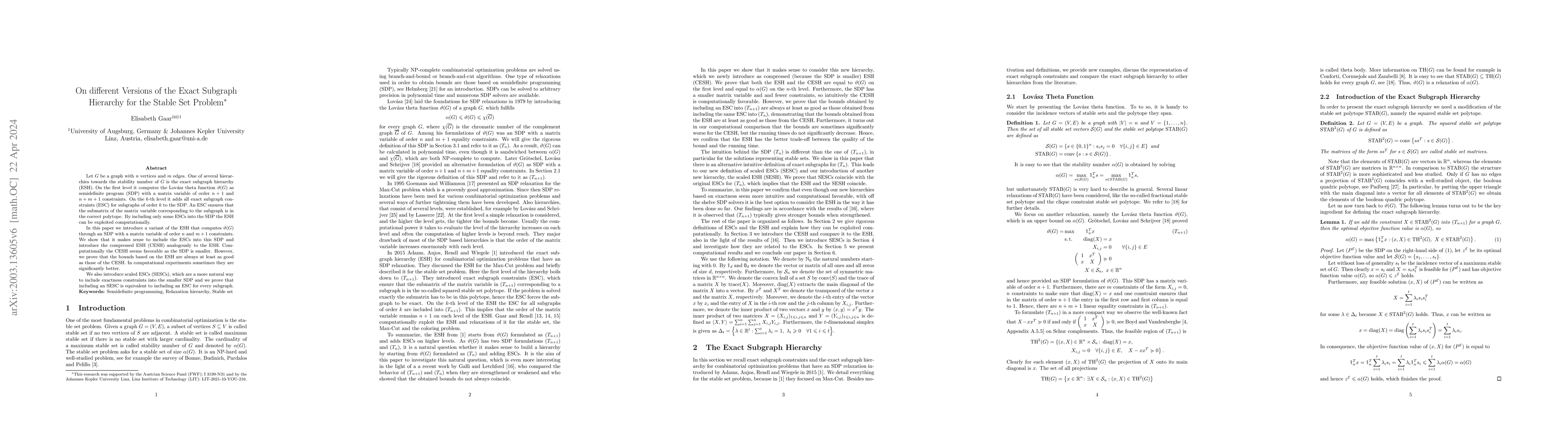 Thumbnail for On different Versions of the Exact Subgraph Hierarchy for the Stable Set
  Problem