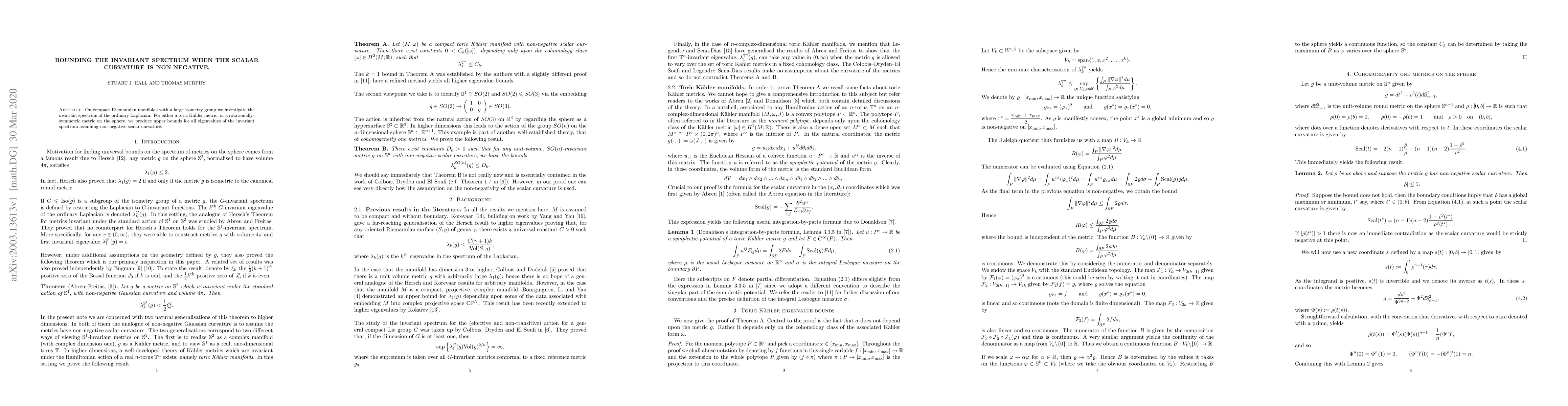 Thumbnail for Bounding the invariant spectrum when the scalar curvature is
  non-negative